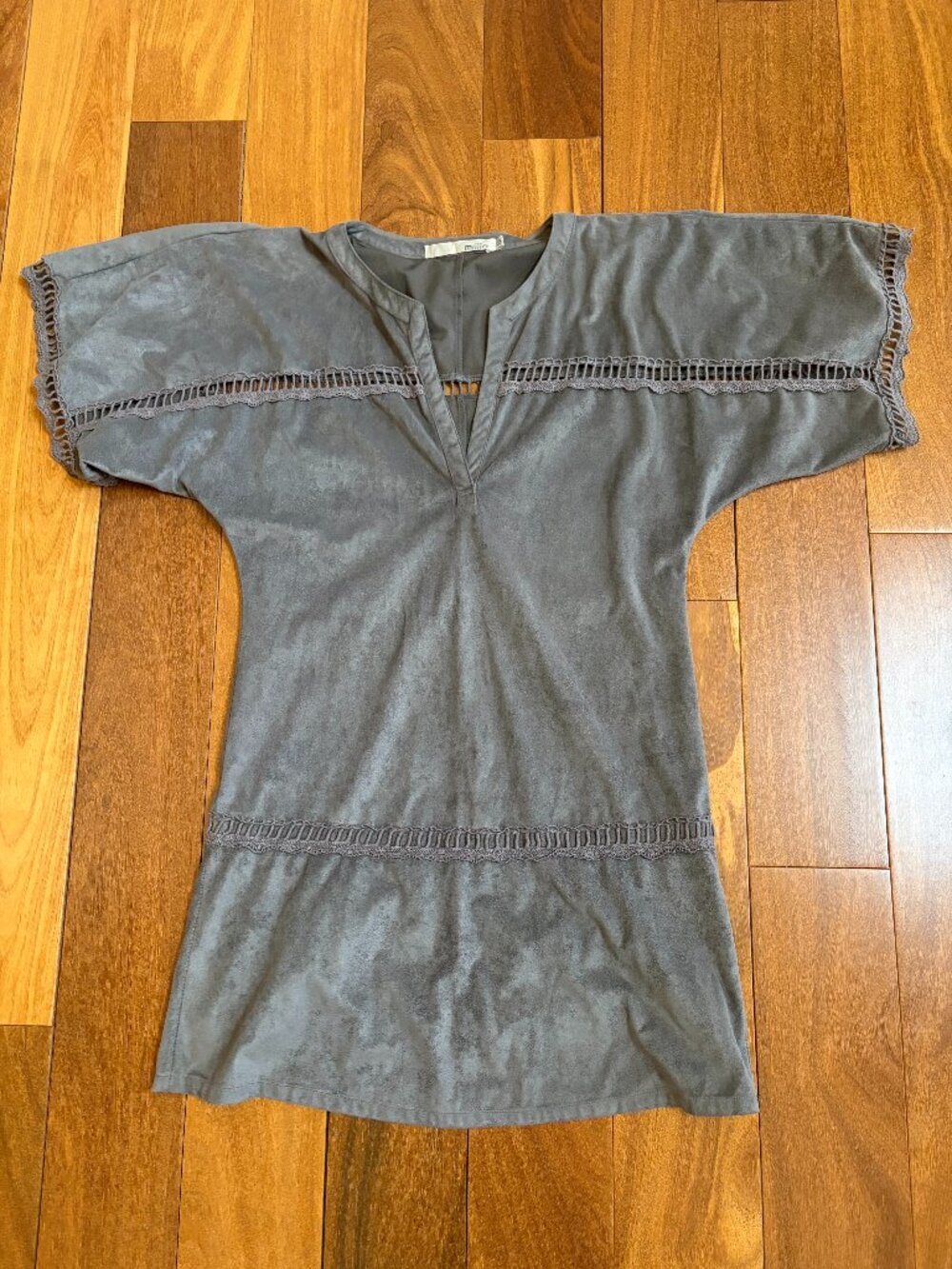 Millia faux suede grey short sleeve boho mini dress or tunic with intricate lace